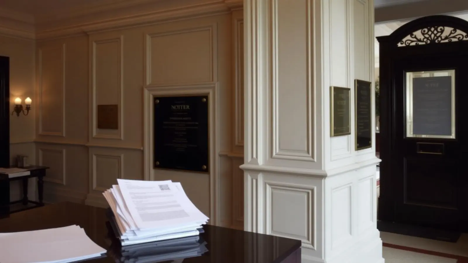 Communal entrance lobby of a London mansion block with managing agent notices and correspondence, representing leaseholder complaints handling.