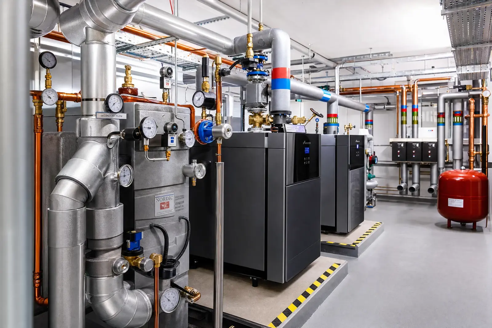Commercial boiler room with pipework, pressure gauges and plant equipment, representing planned preventative maintenance for London residential blocks.