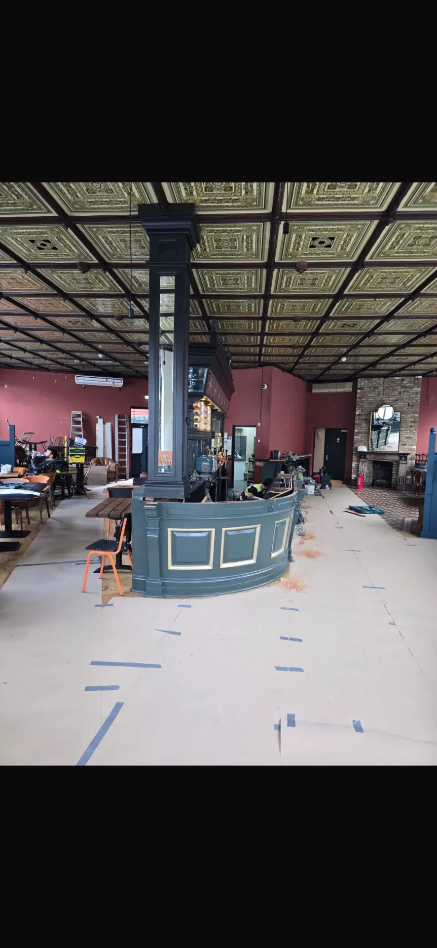 Mid-refurbishment view of the bar and protected floor at The Fleet Tavern
